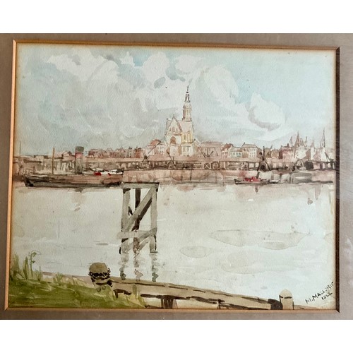 26 - NORMAN BRADLEY WATERCOLOUR OF A RIVERSIDE WINDMILL SCENE T/W ANOTHER WATERCOLOUR WITH SIGNATURE M. M... 