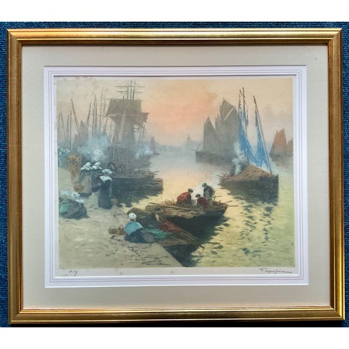 39 - FRENCH COLOURED LITHOGRAPH DEPICTING A MARITIME SCENE, INDISTINCTLY SIGNED TO MOUNT, PUBLISHED BY GE... 