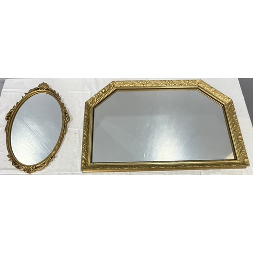 61 - A LARGE OVER MANTLE GILT FRAMED MIRROR 96cm H x 66cm W, T/W A SMALLER OVAL ORNATE FRAME MIRROR