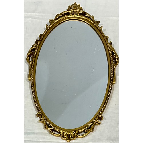 61 - A LARGE OVER MANTLE GILT FRAMED MIRROR 96cm H x 66cm W, T/W A SMALLER OVAL ORNATE FRAME MIRROR