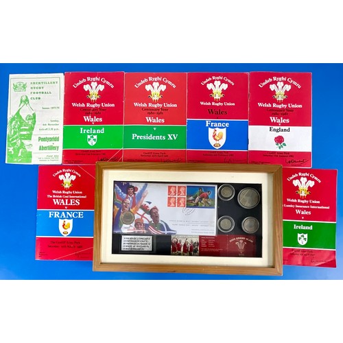 72 - RUGBY PROGRAMMES AND EPHEMERA INC FRAMED STAMPS & COINS