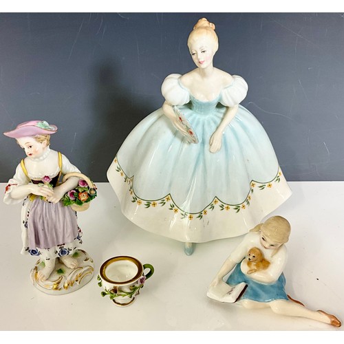 116 - ROYAL DOULTON FIRST DANCE AND MY PET FIGURINES T/W A MEISSEN FLOWER GIRL FIGURINE AND CUP