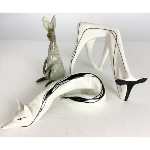 126 - CMIELOW   POLAND STYLISED FOX AND ANTELOPE PORCELAIN MODELS WITH A RAKU POTTERY HARE / KANGAROO MODE... 