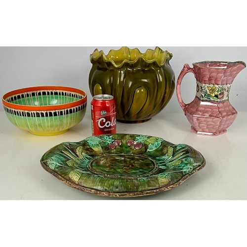 136 - MAJOLICA DISH, ALLINGHAM DRIP WARE TYPE BOWL, JARDINIERE AND A MALING LUSTRE JUG