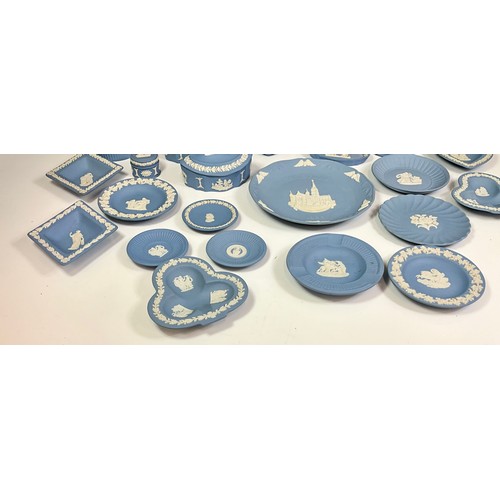 141 - COLLECTION OF BLUE WEDGWOOD JASPER WARE TRINKET BOXES, PIN DISHES, VASES AND OTHER ITEMS