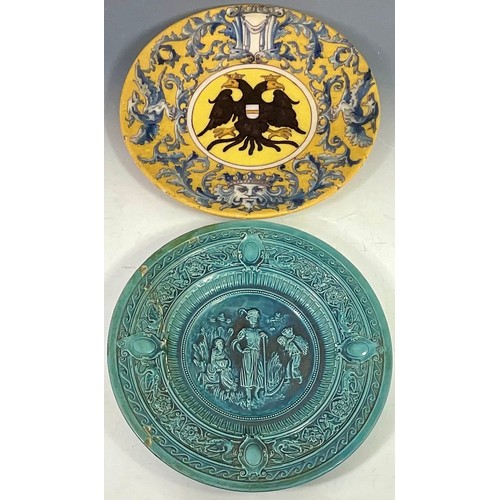 150 - YELLOW CHARGER DECORATED WITH AN IMPERIAL EAGLE MARKED TRIANA AND 1 OTHER RELIEF DECORATED AF. Large... 