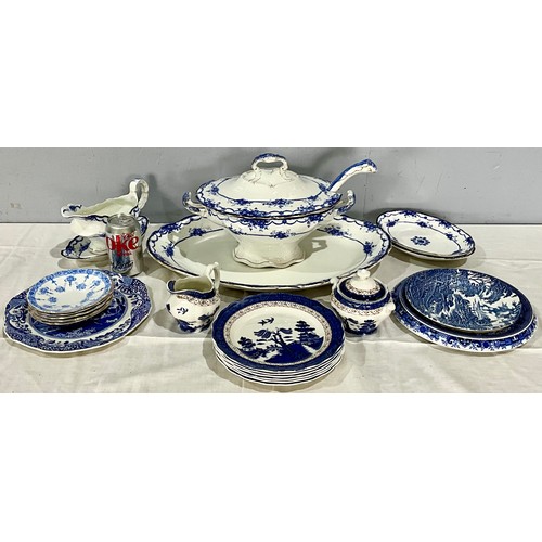 167 - LARGE JOHN MADDOCK AND SONS BLUE AND WHITE MEAT PLATE AND SOUP TUREEN WITH SAUCE BOAT AND SERVING DI... 