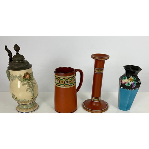 206 - PRATTWARE/TORQUAY WARE JUG  AND CANDLESTICK, SHELLEY VASE, AUSTRIAN BEER STEIN