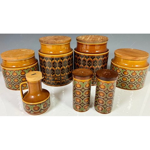 208 - COLLECTION OF HORNSEA BRONTE INCLUDING 2 LARGE JARS, 2 MEDIUM JARS, SALT AND PEPPER POTS AND A VINEG... 