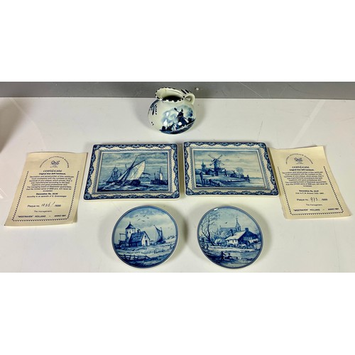 210 - COLLECTION OF OSCAR LORMANS DELFT BLUE - 2 WALL PLAQUES WITH NUMBERED CERTIFICATES, 2 SMALL ROUND PL... 