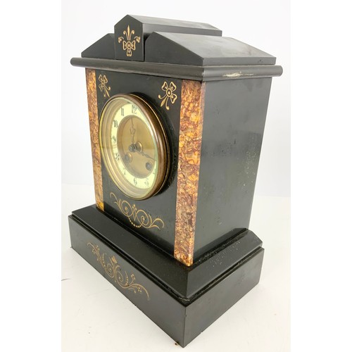 253 - ORNATE SLATE & MARBLE ANTIQUE MANTEL CLOCK 30cm TALL