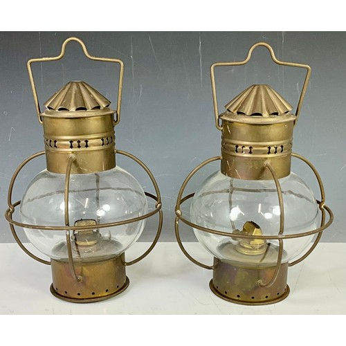 280 - PAIR OF HANGING BRASS SHIPS OIL LAMPS