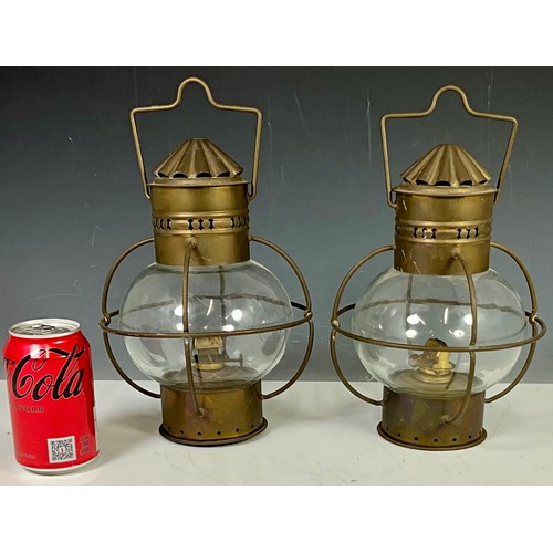 280 - PAIR OF HANGING BRASS SHIPS OIL LAMPS