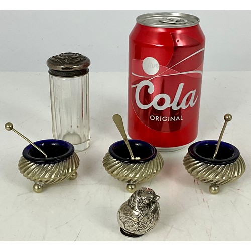 300 - SILVER BIRD PEPPER, THREE SALTS AND GLASS JAR WITH SILVER LID