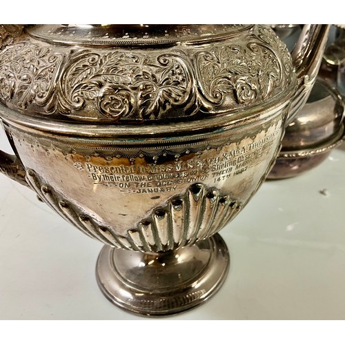 304 - 19TH CENTURY PLATED TEA SERVICE PRESENTED TO MISS M. SHEATH & MR A. THOMPSON BY THEIR FELLOW EMPLOYE... 