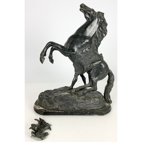 315 - SPELTER FIGURE GROUP, HORSE AND MAN AF. 43cm TALL