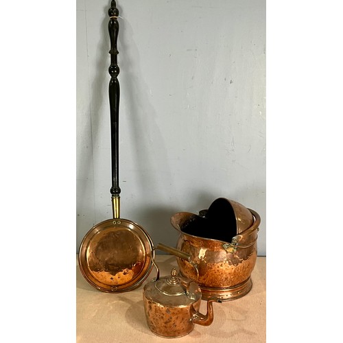 327 - LARGE COPPER HELMET COAL SCUTTLE, COPPER BED WARMER AND COPPER KETTLE