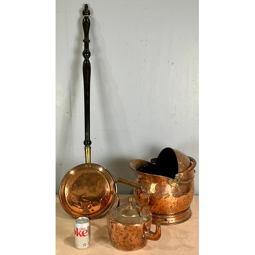 327 - LARGE COPPER HELMET COAL SCUTTLE, COPPER BED WARMER AND COPPER KETTLE