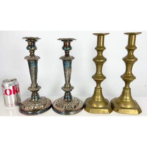 334 - PAIR OF SILVER PLATED AND PAIR OF BRASS CANDLESTICKS WITH PUSHERS