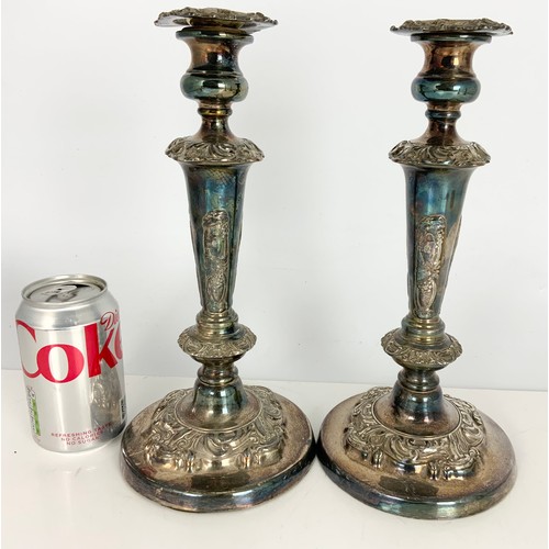 334 - PAIR OF SILVER PLATED AND PAIR OF BRASS CANDLESTICKS WITH PUSHERS