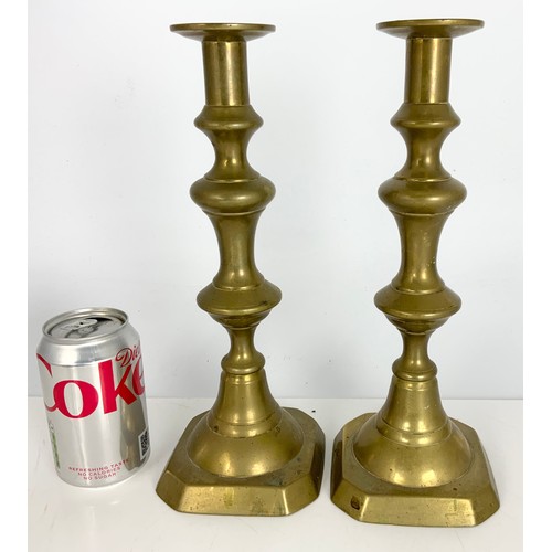 334 - PAIR OF SILVER PLATED AND PAIR OF BRASS CANDLESTICKS WITH PUSHERS