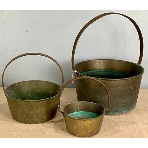 336 - THREE BRASS JAM PANS