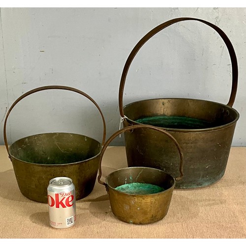 336 - THREE BRASS JAM PANS