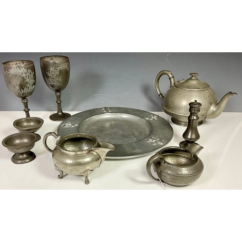 338 - MISC. PEWTER ITEMS INC. GOBLETS, A CHARGER, A TEAPOT ETC.