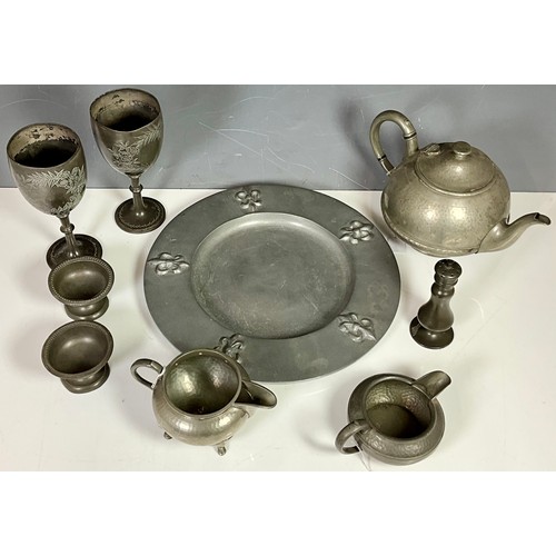 338 - MISC. PEWTER ITEMS INC. GOBLETS, A CHARGER, A TEAPOT ETC.