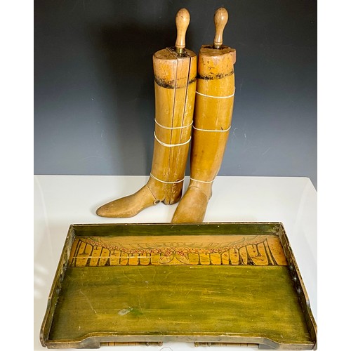 352 - PAIR OF WOODEN BOOT LASTS AND A BED TRAY