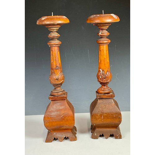 354 - PAIR OF WOODEN ALTAR TYPE CANDLE STICKS, APPROX. 45 cm