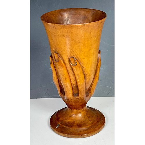 357 - INTERESTING PITCAIRN ISLAND VASE, approx. 22 cm, TREEN MODELLED AS A HAND HOLDING A CHALICE