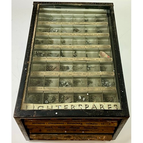 366 - AN UNUSUAL VINTAGE TABLE TOP DISPLAY CABINET CONTAINING MANY BRANDED LIGHTER SPARES