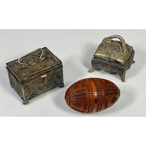 375 - CARVED TREEN EGG, WHITE METAL FILIGREE BOX AND A RING BOX WITH HINGED COVER