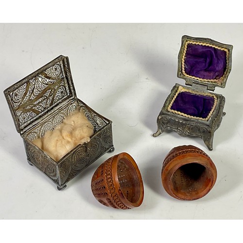 375 - CARVED TREEN EGG, WHITE METAL FILIGREE BOX AND A RING BOX WITH HINGED COVER