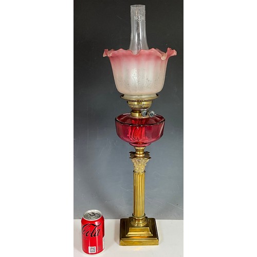 271 - BRASS COLUMN OIL LAMP, WITH CRANBERRY BOWL WITH SHADE