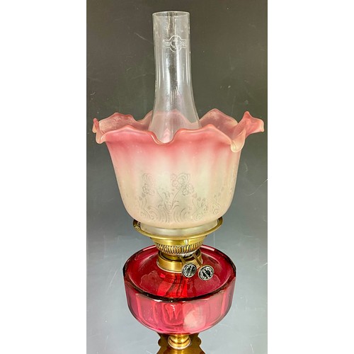 271 - BRASS COLUMN OIL LAMP, WITH CRANBERRY BOWL WITH SHADE