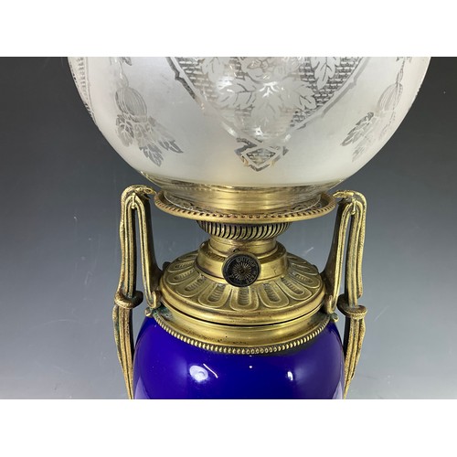 272 - COBALT BLUE BODY OIL LAMP WITH BRASS MOUNTS AND SHADE