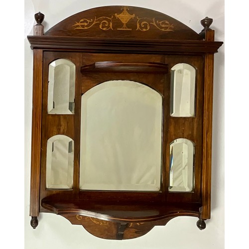 63 - EDWARDIAN INLAID MAHOGANY MIRROR, BEVELLED PLATES AND INLAID SHELVES