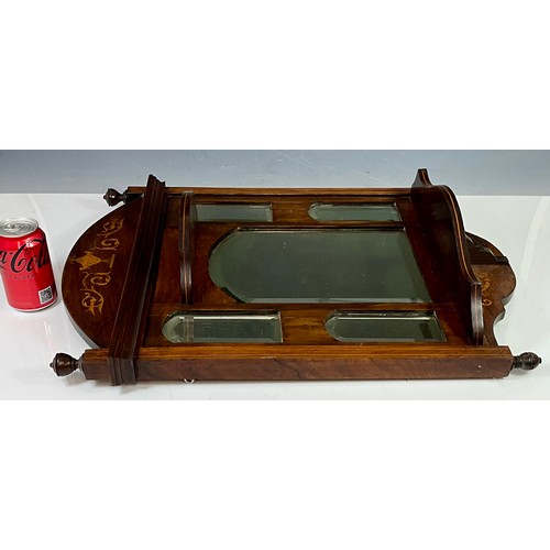 63 - EDWARDIAN INLAID MAHOGANY MIRROR, BEVELLED PLATES AND INLAID SHELVES