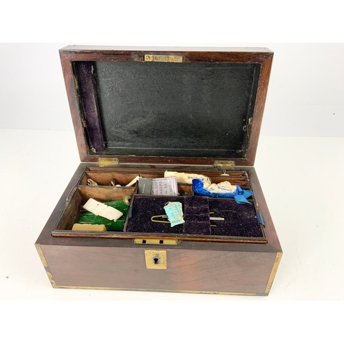 360 - GOOD QUALITY BRASS BOUND SEWING BOX WITH FITTED INTERIOR WIDTH 27cm