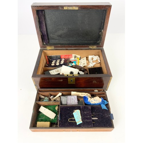 360 - GOOD QUALITY BRASS BOUND SEWING BOX WITH FITTED INTERIOR WIDTH 27cm