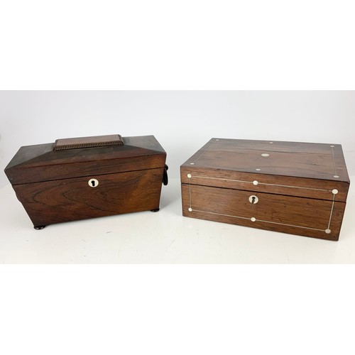 361 - JEWELLERY BOX  WITH FITTED INTERIOR &  2 SECTION TEA CADDY