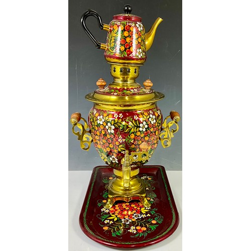 368 - BARGE WARE STYLE ENAMELLED SAMOVAR WITH MATCHING TRAY AND TEA POT