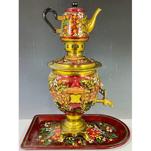 368 - BARGE WARE STYLE ENAMELLED SAMOVAR WITH MATCHING TRAY AND TEA POT