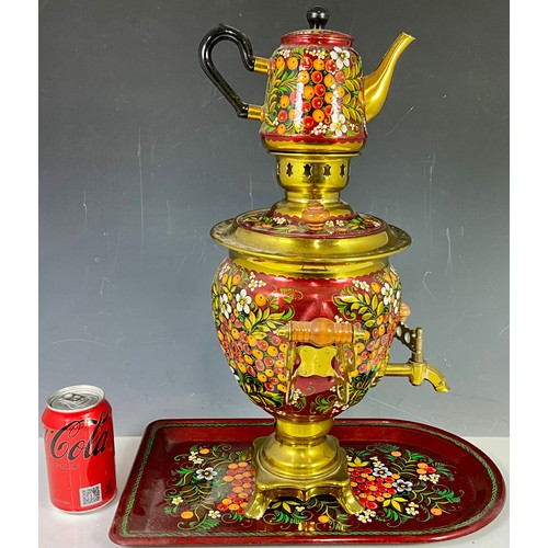 368 - BARGE WARE STYLE ENAMELLED SAMOVAR WITH MATCHING TRAY AND TEA POT