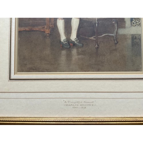 23 - WATERCOLOUR GENTLEMAN IN PERIOD COSTUME, LABELLED TO MOUNT  ‘A THOUGHTFUL MOMENT, CHARLES GREEN RI (... 