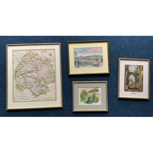 67 - LOCAL INTEREST INC JOHN STOCKDALE FRAMED MAP OF HEREFORDSHIRE, WATERCOLOUR OF MALVERN,  DAVID BIRTWI... 