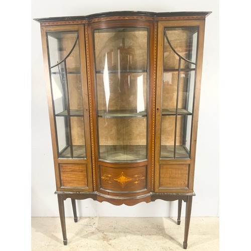 590 - EDWARDIAN INLAID MAHOGANY SERPENTINE GLAZED DISPLAY CABINET WIDTH 108cm, 178cm TALL