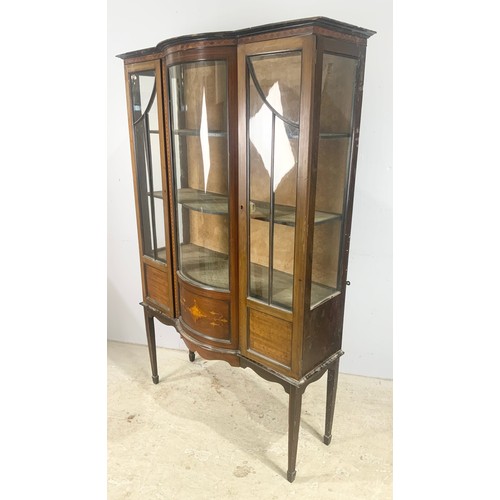 590 - EDWARDIAN INLAID MAHOGANY SERPENTINE GLAZED DISPLAY CABINET WIDTH 108cm, 178cm TALL